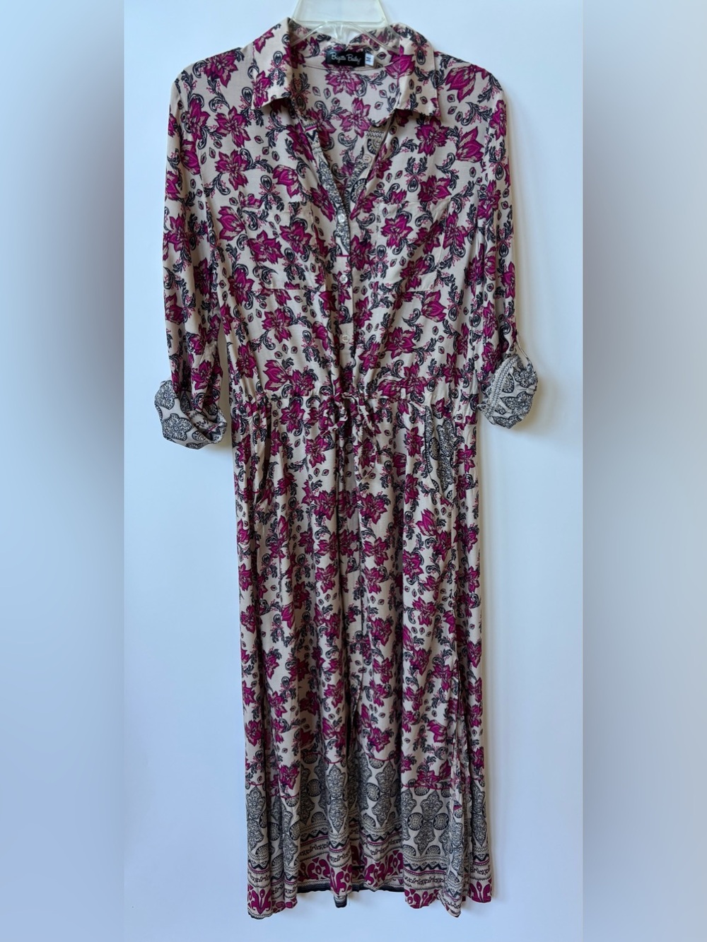 Brigitte Bailey Women's Floral Maxi Cinch Waist Button Long Sleeve Dress, M